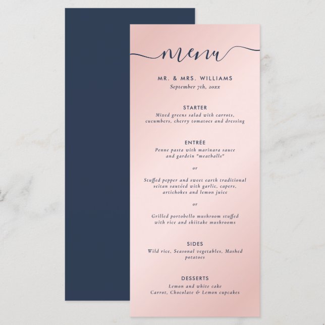 Elegant Simple Navy Blue and Blush Menu (Front/Back)