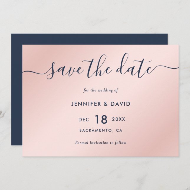 Elegant Simple Navy Blue and Blush Wedding Save The Date (Front/Back)