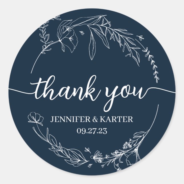 Elegant Simple Navy Blue Floral Wreath Thank You Classic Round Sticker (Front)