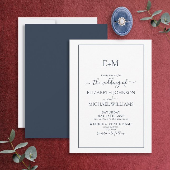 Elegant Simple Navy Blue Formal Monogram Wedding Invitation (Creator Uploaded)