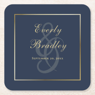 Elegant Simple Navy Blue Gold Border Script  Square Paper Coaster