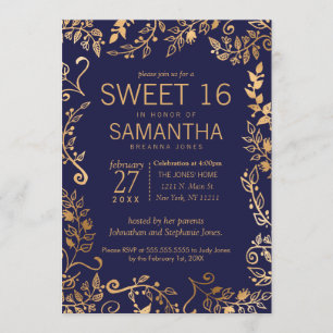 Elegant Simple Navy Blue Gold Floral Sweet 16 Invitation