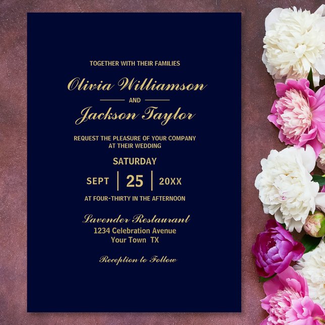 Elegant Simple Navy Blue Gold Wedding Invitation (Creator Uploaded)