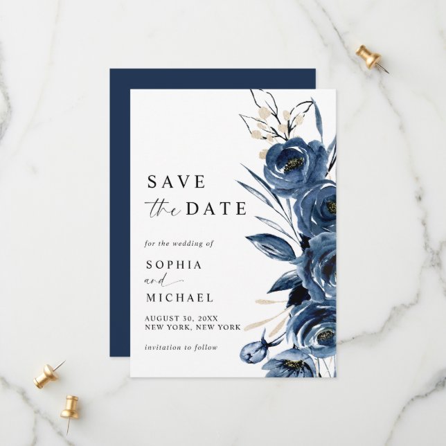 Elegant Simple Navy Blue Watercolor Wedding  Save The Date (Front/Back In Situ)