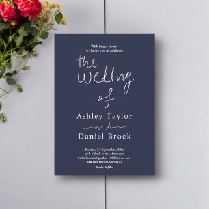 Elegant Simple Navy Blue White Calligraphy Wedding Invitation