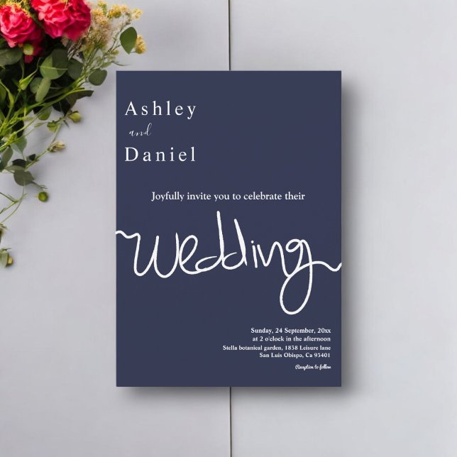 Elegant Simple Navy Blue White Calligraphy Wedding Invitation (Creator Uploaded)