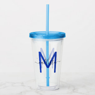Elegant Simple Navy Blue White Monogram Acrylic Tumbler