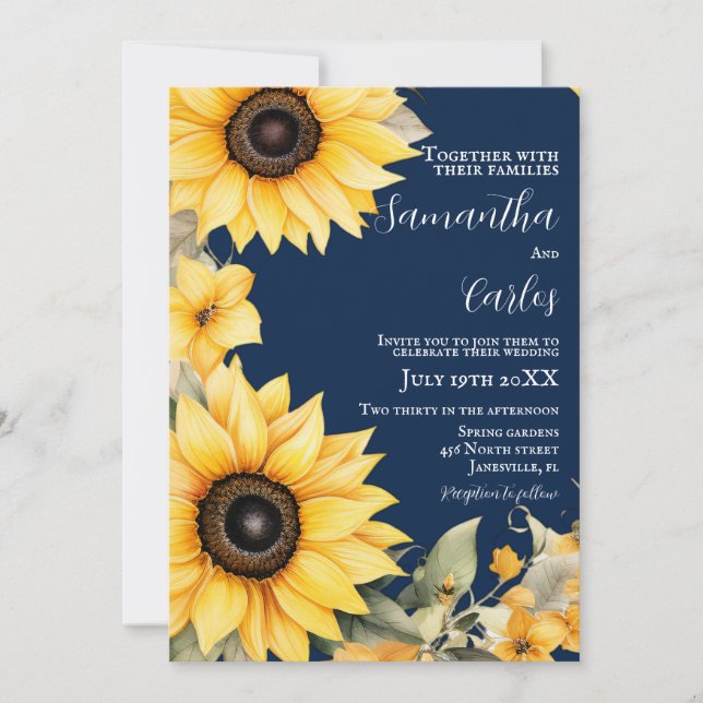 Elegant, simple Navy, sunflower wedding Invitation (Front)