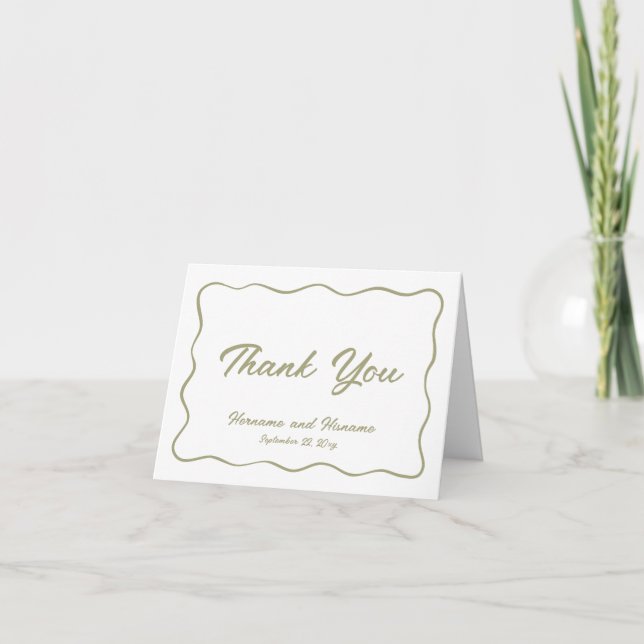 Elegant Simple Olive Green Wavy Frame Wedding Thank You Card (Front)