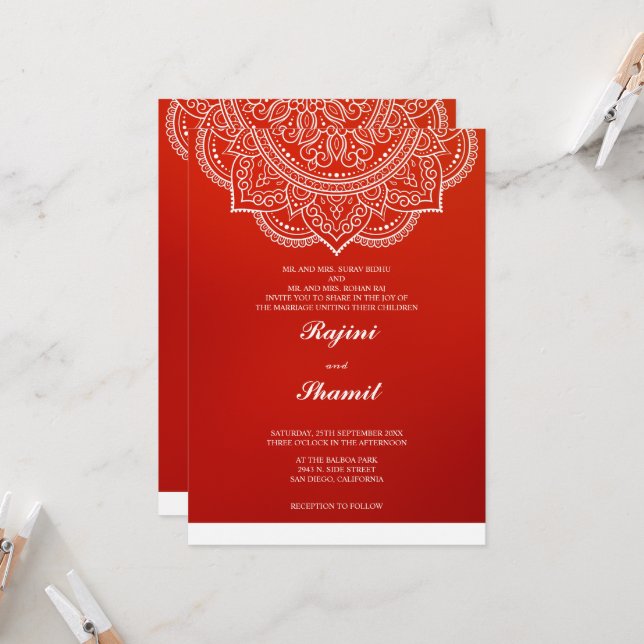 Elegant simple Orange Red Paisley Indian Hindu Invitation (Front/Back In Situ)