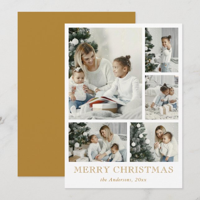 Elegant Simple Photo Collage Christmas Gold Holiday Card (Front/Back)