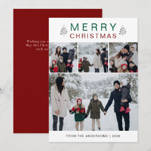 Elegant Simple Pine Tree Christmas Family 3 Photo Holiday Card