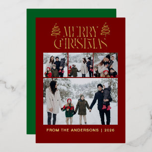 Elegant Simple Pine Tree Christmas Family 4 Photo Foil Holiday Card