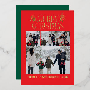 Elegant Simple Pine Tree Christmas Family 4 Photo Foil Holiday Card
