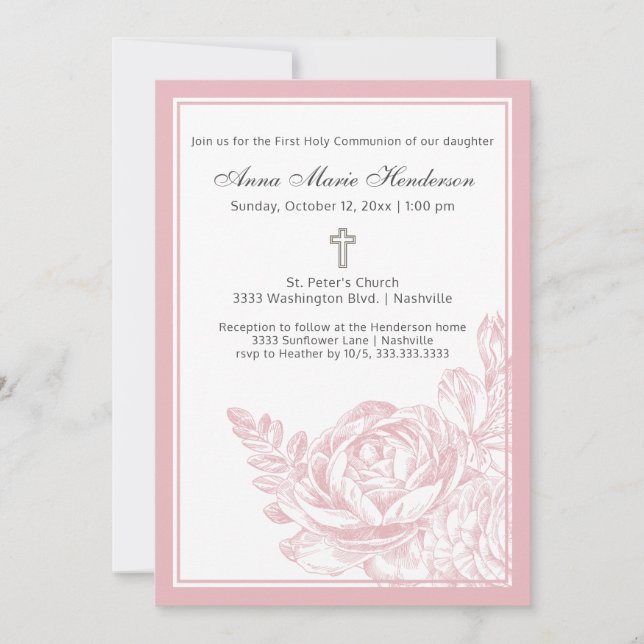 Elegant Simple Pink Floral First Holy Communion Invitation (Front)