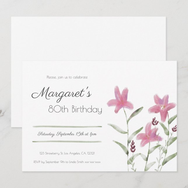 Elegant Simple Pink Floral Watercolor Birthday Invitation (Front/Back)