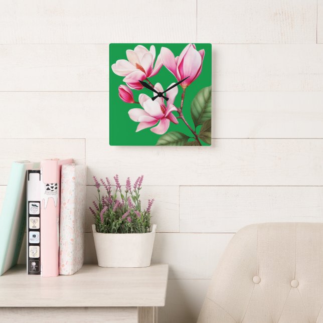 Elegant Simple Pink Flower Floral Art Square Wall Clock (Reading Room)