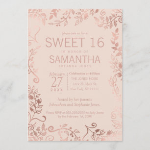 Elegant Simple Pink Rose Gold Floral Sweet 16 Invitation