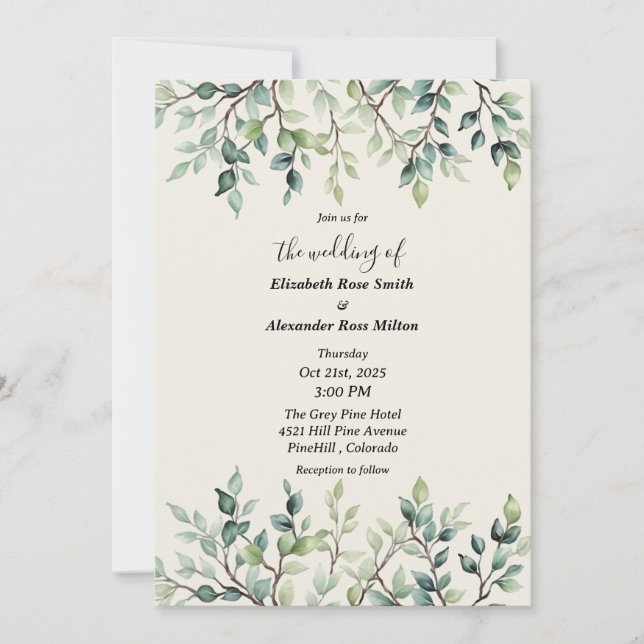 Elegant Simple Pretty leaves branches wedding Invitation (Front)