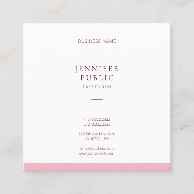 Elegant Simple Professional Pink White Modern Chic Square Business Card (Front)