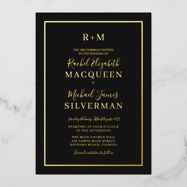 Elegant Simple Real Gold Border Black Wedding (Front)