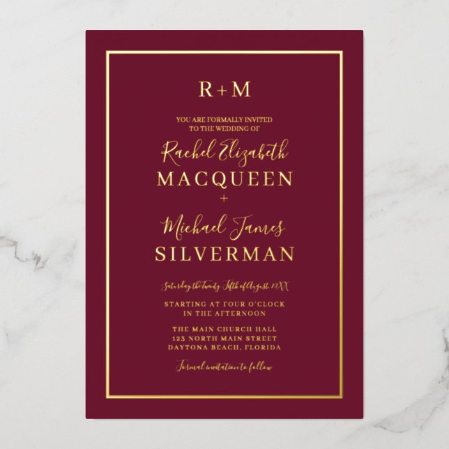 Elegant Simple Real Gold Border Burgundy Wedding (Front)