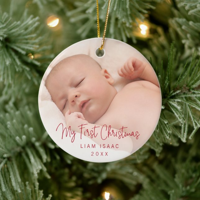 Elegant Simple Red Baby Photo My First Christmas Ceramic Ornament (Tree)