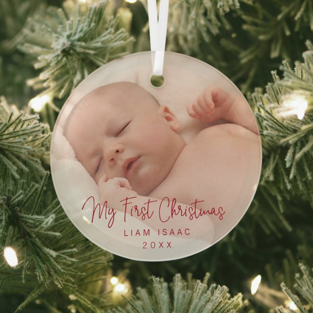 Elegant Simple Red Baby Photo My First Christmas Glass Ornament (Insitu)