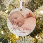 Elegant Simple Red Baby Photo My First Christmas Metal Ornament<br><div class="desc">Did you have a baby this year? Add a memory to your tree with this modern ornament featuring a simple design with with the message "My First Christmas" in an elegant thin red script along with your baby's name and the year over your favourite photo. Add the same photo to...</div>