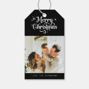 Elegant Simple Retro Black Merry Christmas Photo Gift Tags