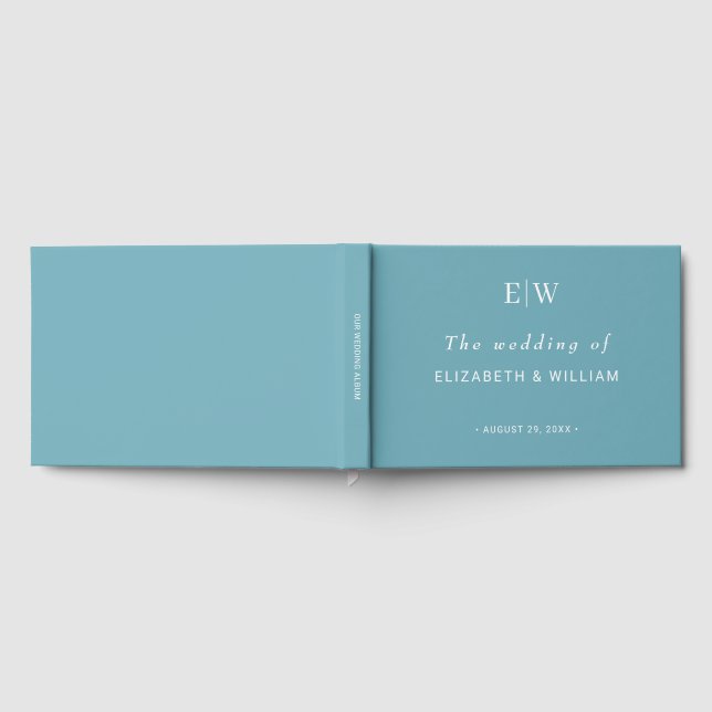 Elegant Simple Retro Blue with Monogram Wedding Guest Book (Full)