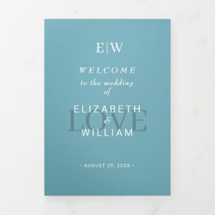 Elegant Simple Retro Blue with Monogram Wedding Tri-Fold Programme