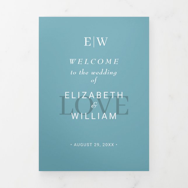 Elegant Simple Retro Blue with Monogram Wedding Tri-Fold Programme (Cover)