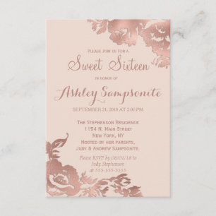 Elegant Simple Rose Gold Pink Floral Sweet 16 Invitation