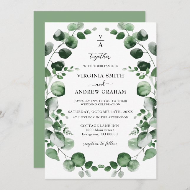 Elegant Simple Rustic Eucalyptus  Greenery Wedding Invitation (Front/Back)