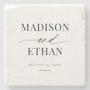 Elegant Simple Script Calligraphy Newlywed Stone Coaster