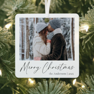 Elegant Simple Script Couple Photo Merry Christmas Metal Ornament