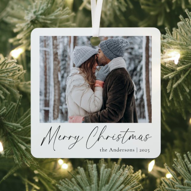 Elegant Simple Script Couple Photo Merry Christmas Metal Ornament (Insitu)
