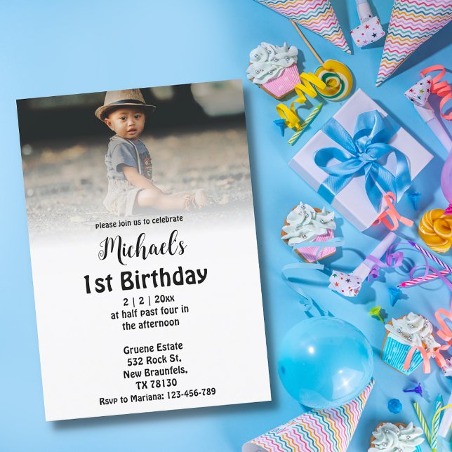 elegant simple script photo boy 1st birthday  invitation (Creator Uploaded)