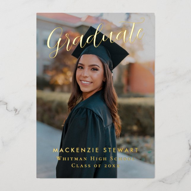 Elegant Simple Script Photo Gold Foil Announcement (Front)