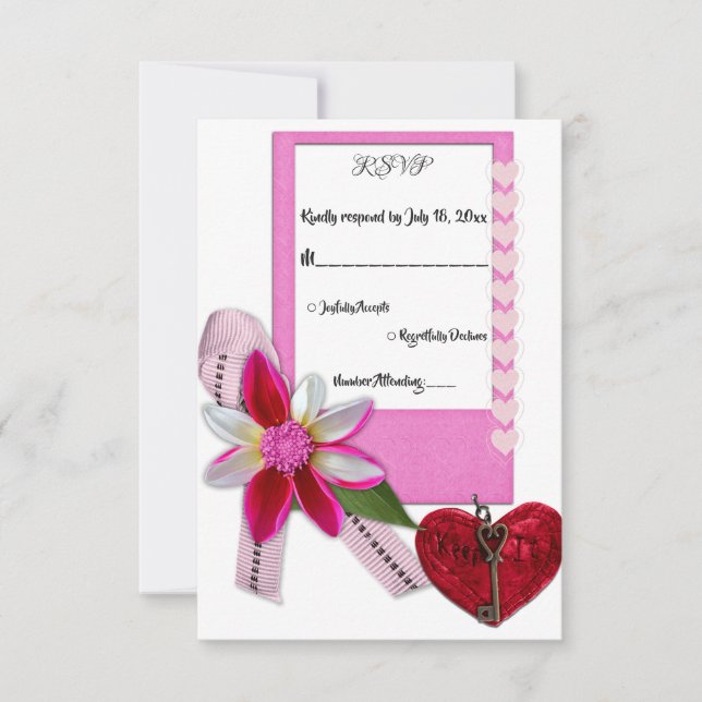 Elegant Simple Script Red Heart Romantic Wedding RSVP Card (Front)