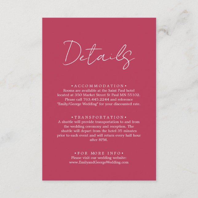 Elegant Simple Script Viva Magenta Wedding Details Enclosure Card (Front)
