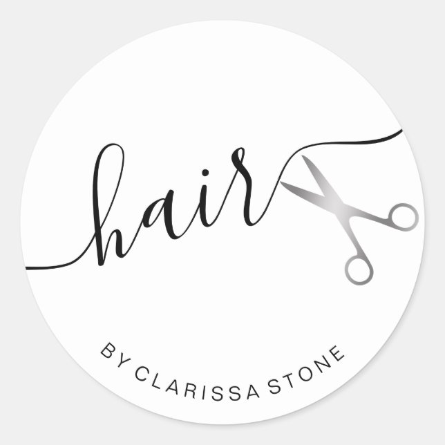 Elegant simple silver scissors hairstylist classic round sticker (Front)