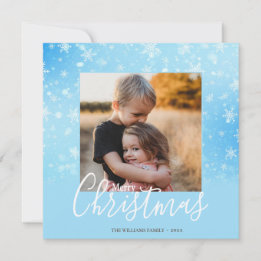 Elegant Simple Snowy Blue Merry Christmas Photo Holiday Card