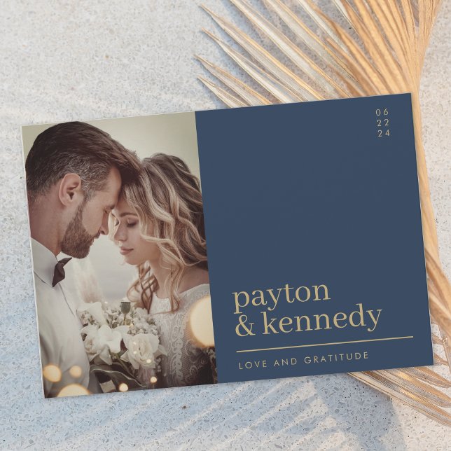 Elegant Simple Stylish Navy Blue and Gold Photo Thank You Card (Creator Uploaded)