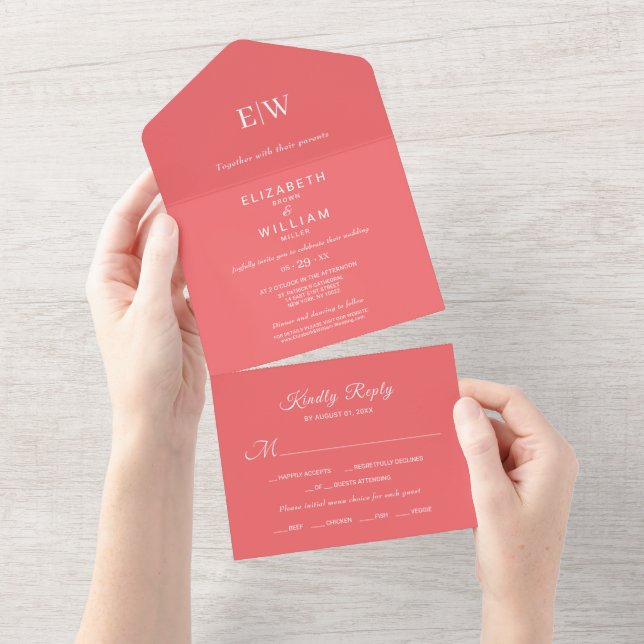 Elegant Simple Sunset Coral with Monogram Wedding All In One Invitation (Tearaway)