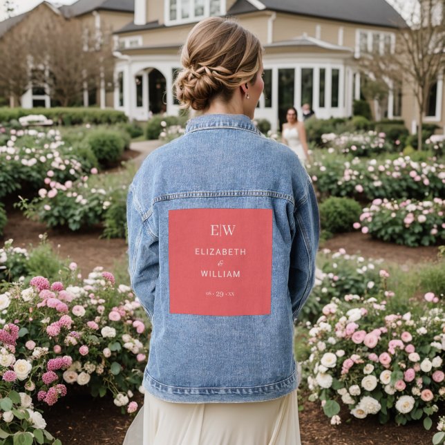 Elegant Simple Sunset Coral with Monogram Wedding Denim Jacket (Wedding Back)