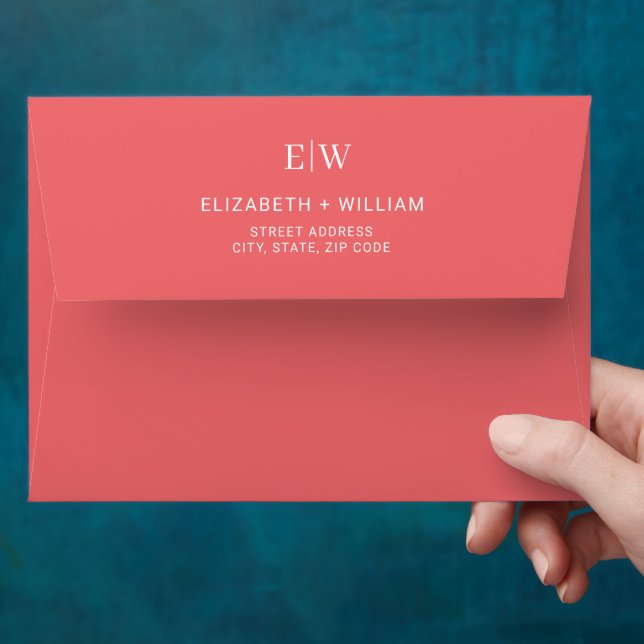 Elegant Simple Sunset Coral with Monogram Wedding Envelope (Hand)