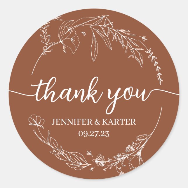 Elegant Simple Terracotta Floral Wreath Thank You Classic Round Sticker (Front)