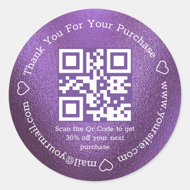 elegant simple  thank you business qr code purple  classic round sticker (Front)